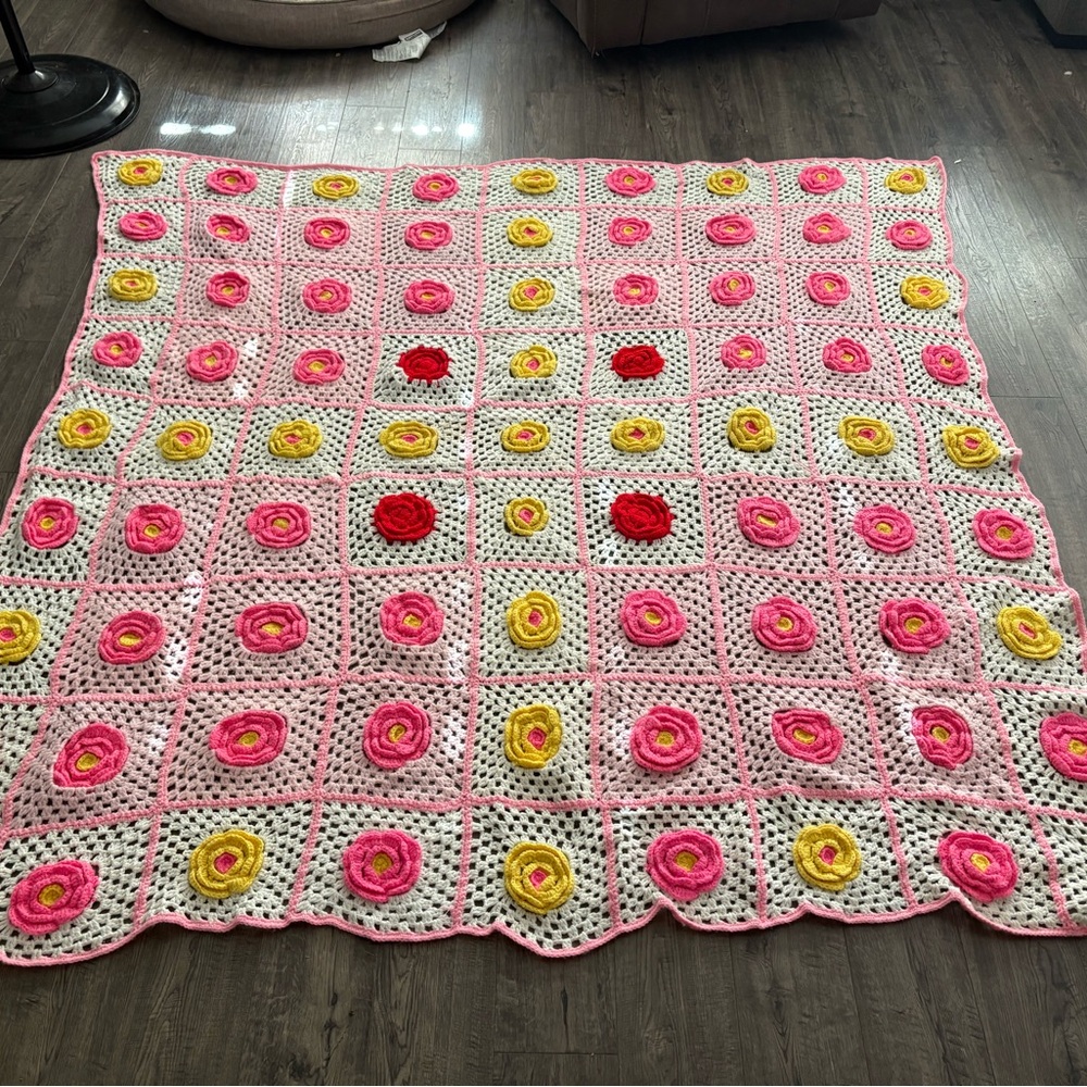 Handmade Pink Floral Crochet Throw Blanket